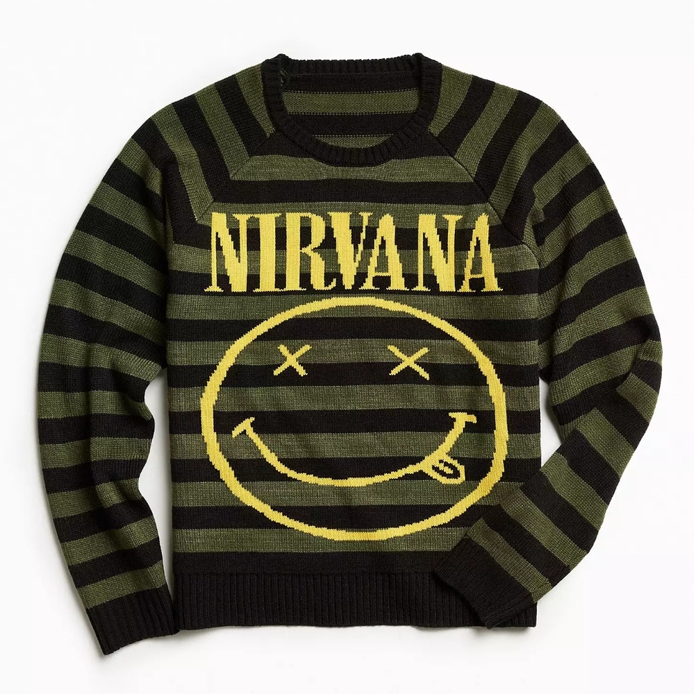 Nirvana 90s Smiley Striped Sweater in Black and Green